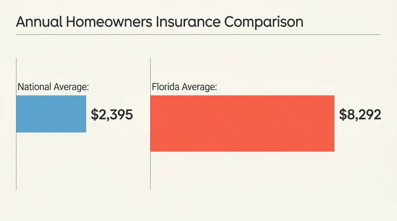 A horizontal bar chart comparing the national average homeowners insurance cost of $2,395 to Florida's average of $8,292.