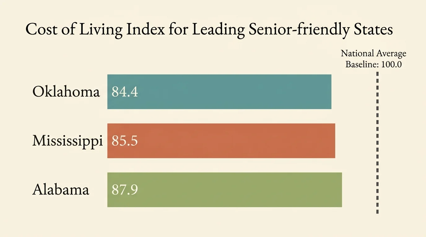 A horizontal bar chart showing cost of living index scores for Oklahoma, Mississippi, and Alabama below the national average.