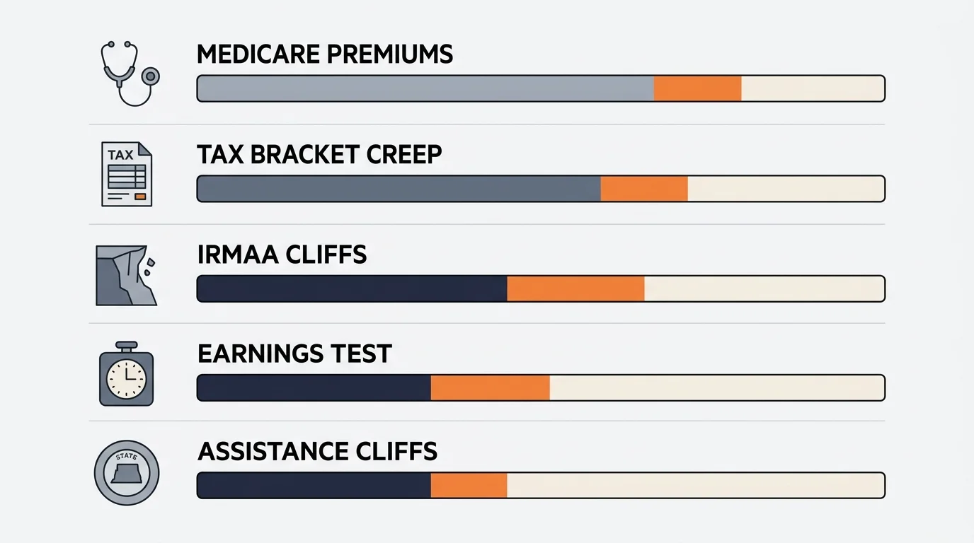 A horizontal comparison chart showing the five COLA triggers side-by-side with clear icons and labels.