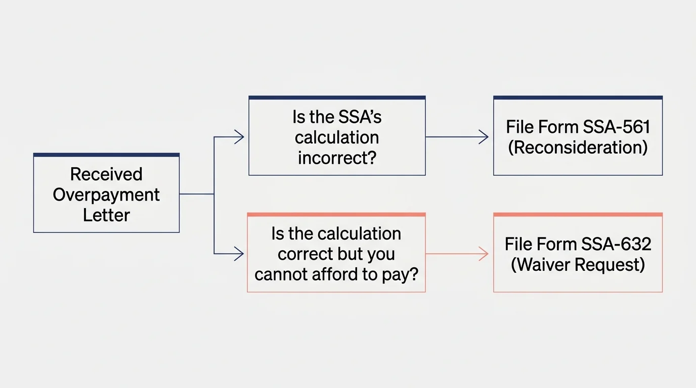 A horizontal decision flowchart helping retirees choose between filing Form SSA-561 for reconsideration or Form SSA-632 for a waiver.