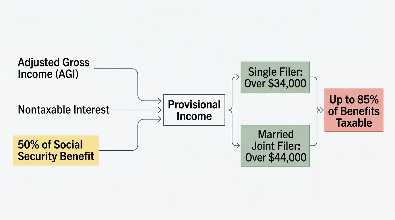A horizontal flowchart showing how AGI, nontaxable interest, and half of Social Security benefits combine into Provisional Income, triggerin
