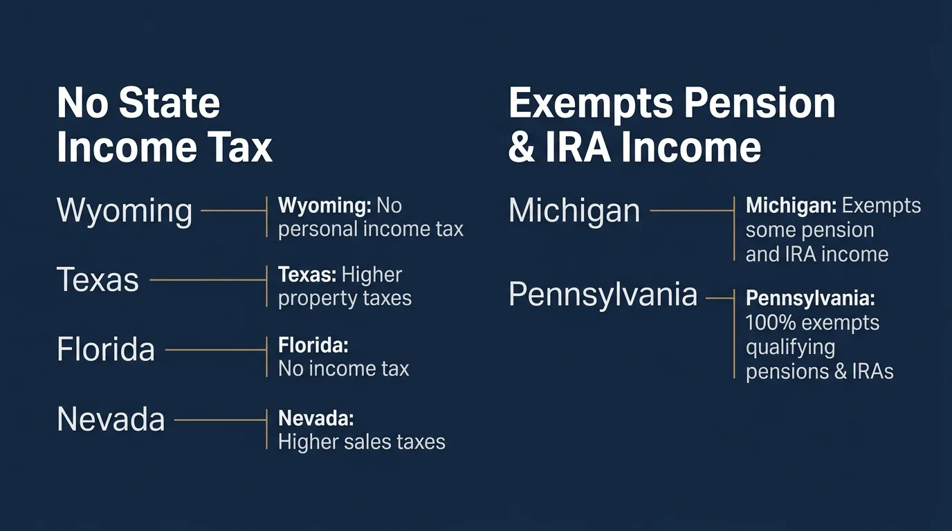 A minimalist comparison chart classifying retirement states by their tax structures, such as zero income tax vs pension exemptions.