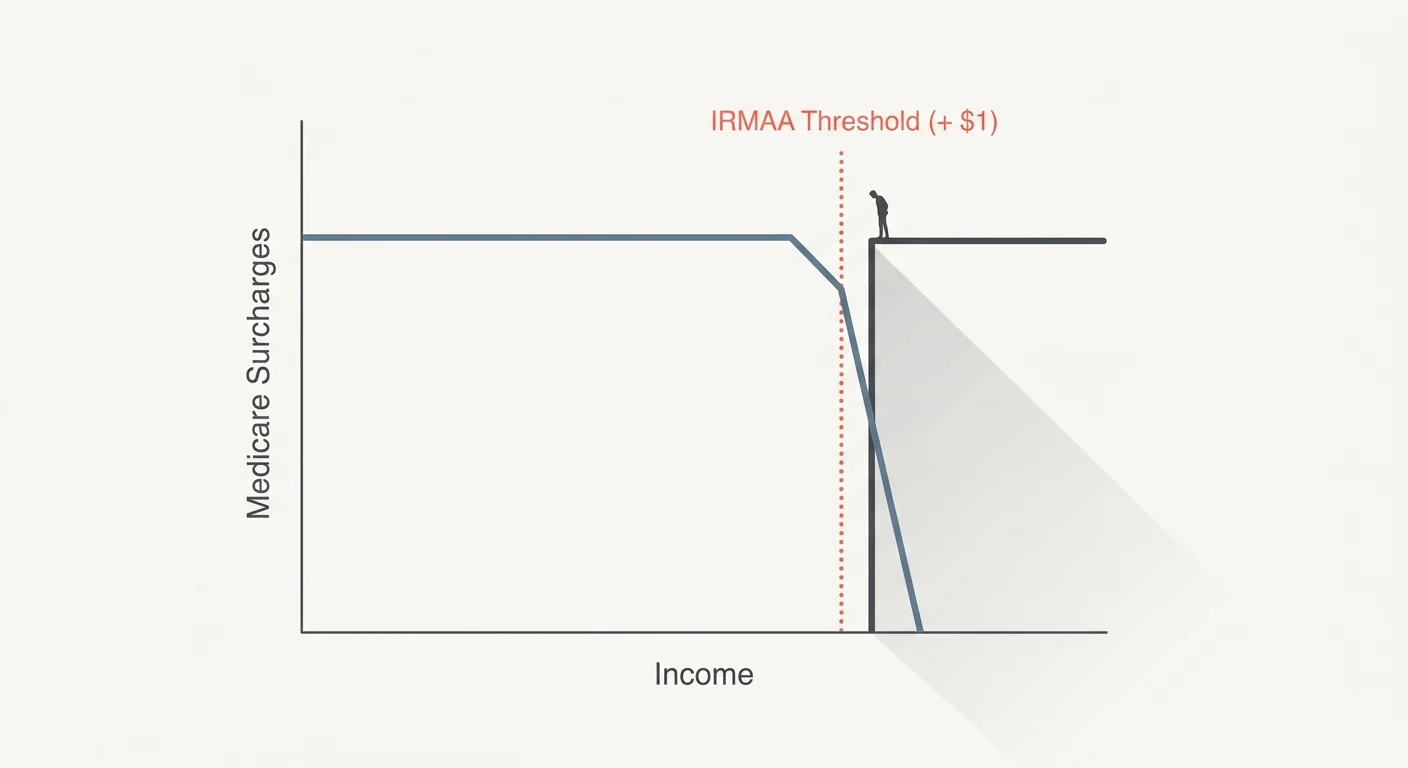 A minimalist data diagram showing a flat line suddenly dropping off a vertical cliff labeled IRMAA Threshold.