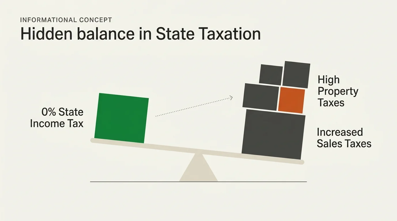 A minimalist diagram showing a scale balancing 0% income tax against high property and sales taxes.