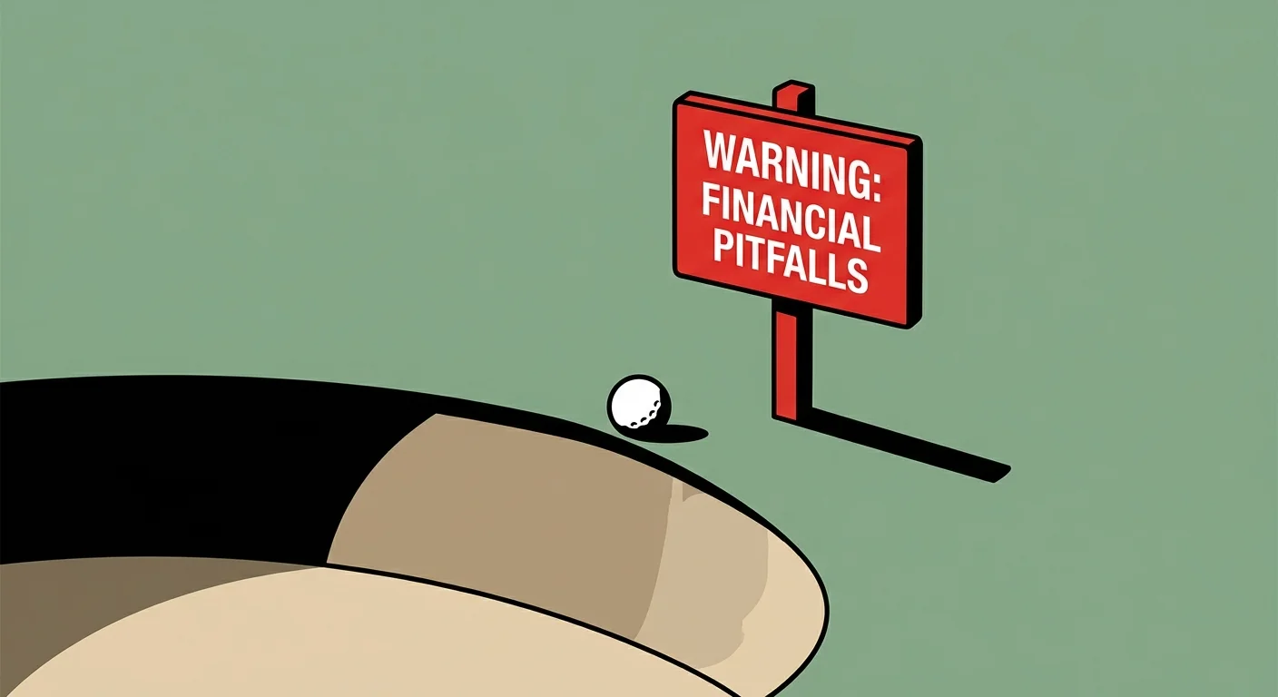 A minimalist graphic illustration of a golf ball on the edge of a sand trap next to a red warning flag.