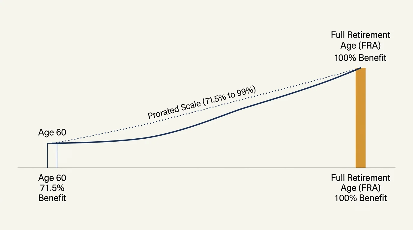 A minimalist horizontal line graph showing survivor benefits scaling from 71.5% at Age 60 up to 100% at Full Retirement Age.