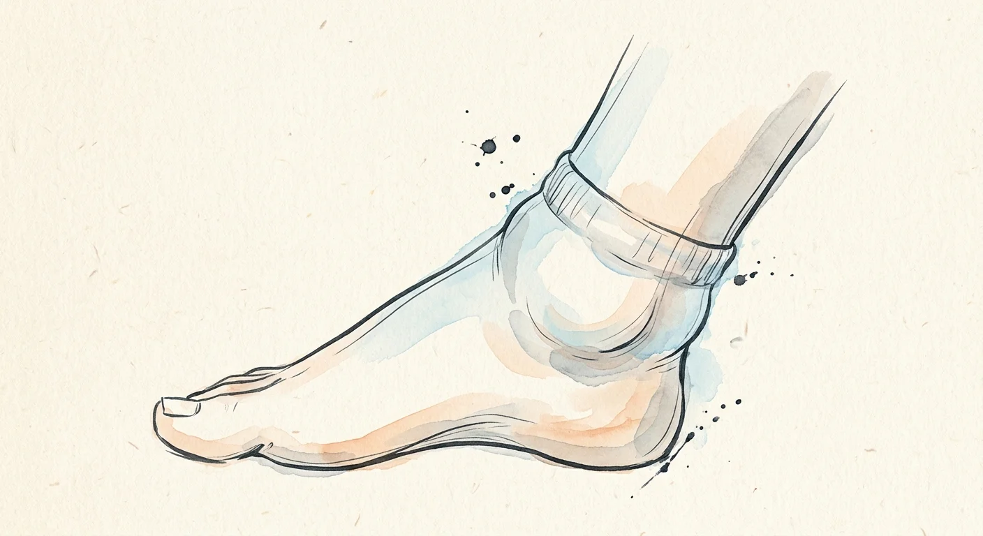 A minimalist watercolor drawing of an ankle and foot showing soft swelling and a light indentation line left by a sock.