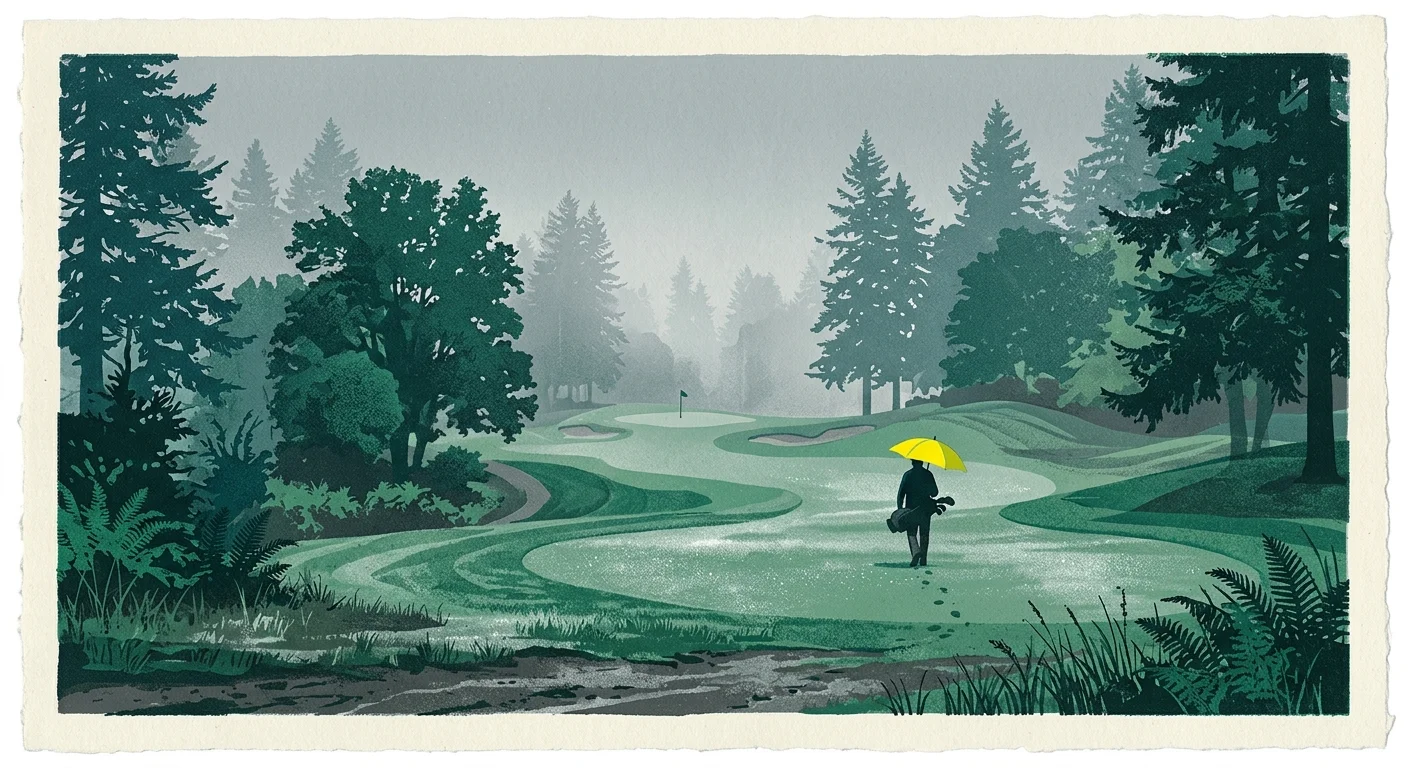 A misty screenprint illustration of a Seattle golf course surrounded by tall fir trees, featuring a golfer with a yellow umbrella.