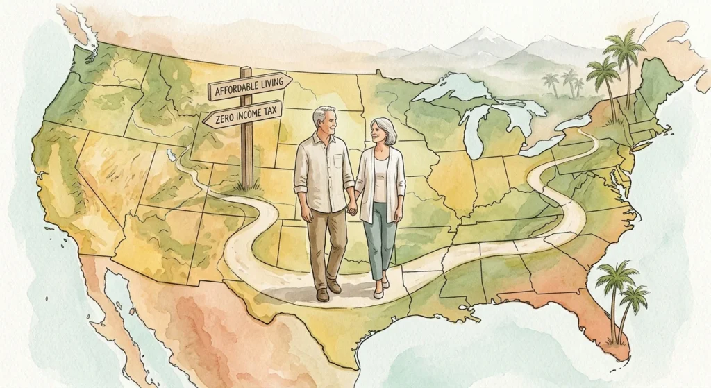 A New Yorker style watercolor illustration of a retired couple standing on a winding path over a stylized map of tax-friendly US states.