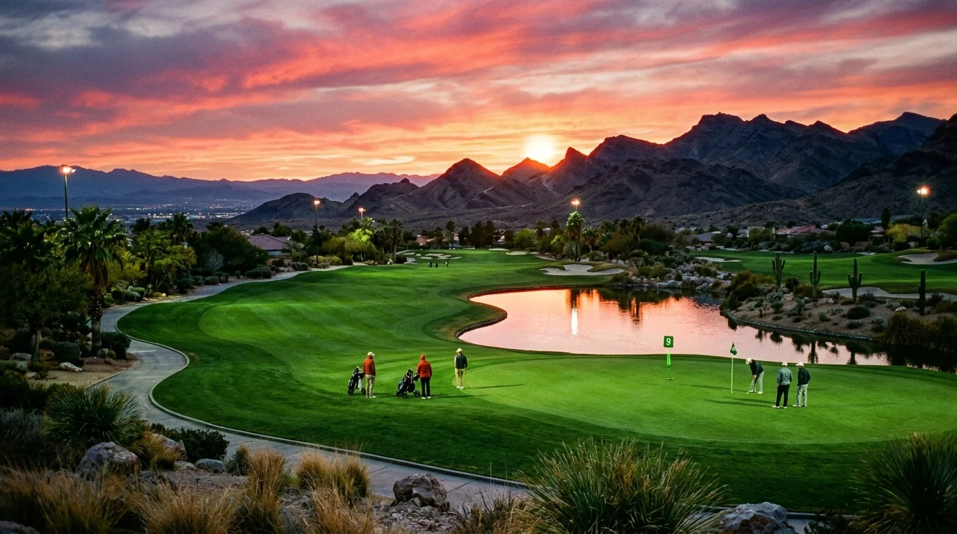 A panoramic photograph of a Las Vegas golf course green under a vibrant pink and orange desert sunset with mountains.