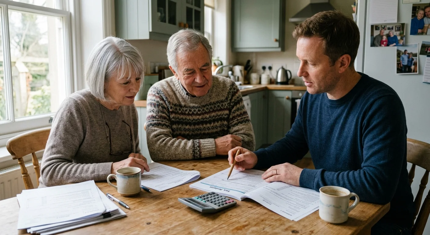 A retired couple consulting with a financial advisor around a warm, sunlit kitchen table with paperwork.