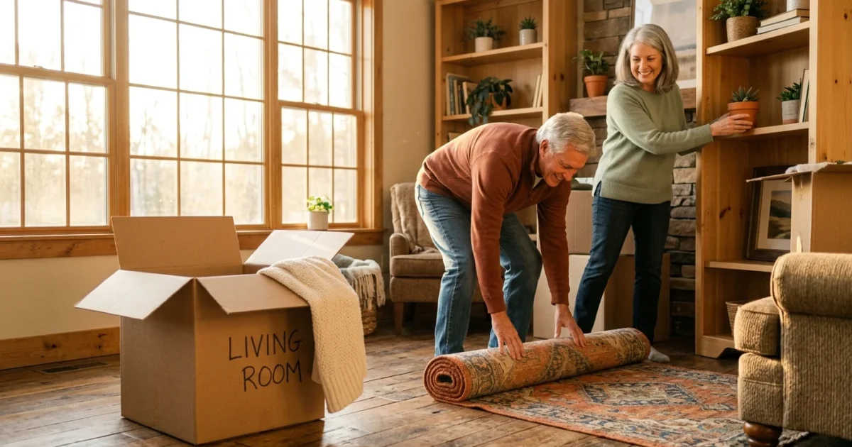A retired couple happily unpacks boxes in their warm, sunlit new home, enjoying a fresh start in a budget-friendly state.