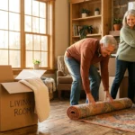 A retired couple happily unpacks boxes in their warm, sunlit new home, enjoying a fresh start in a budget-friendly state.