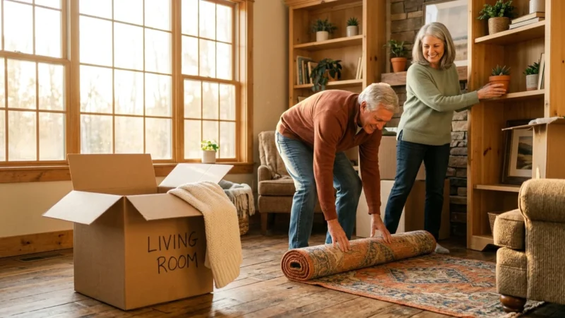 A retired couple happily unpacks boxes in their warm, sunlit new home, enjoying a fresh start in a budget-friendly state.