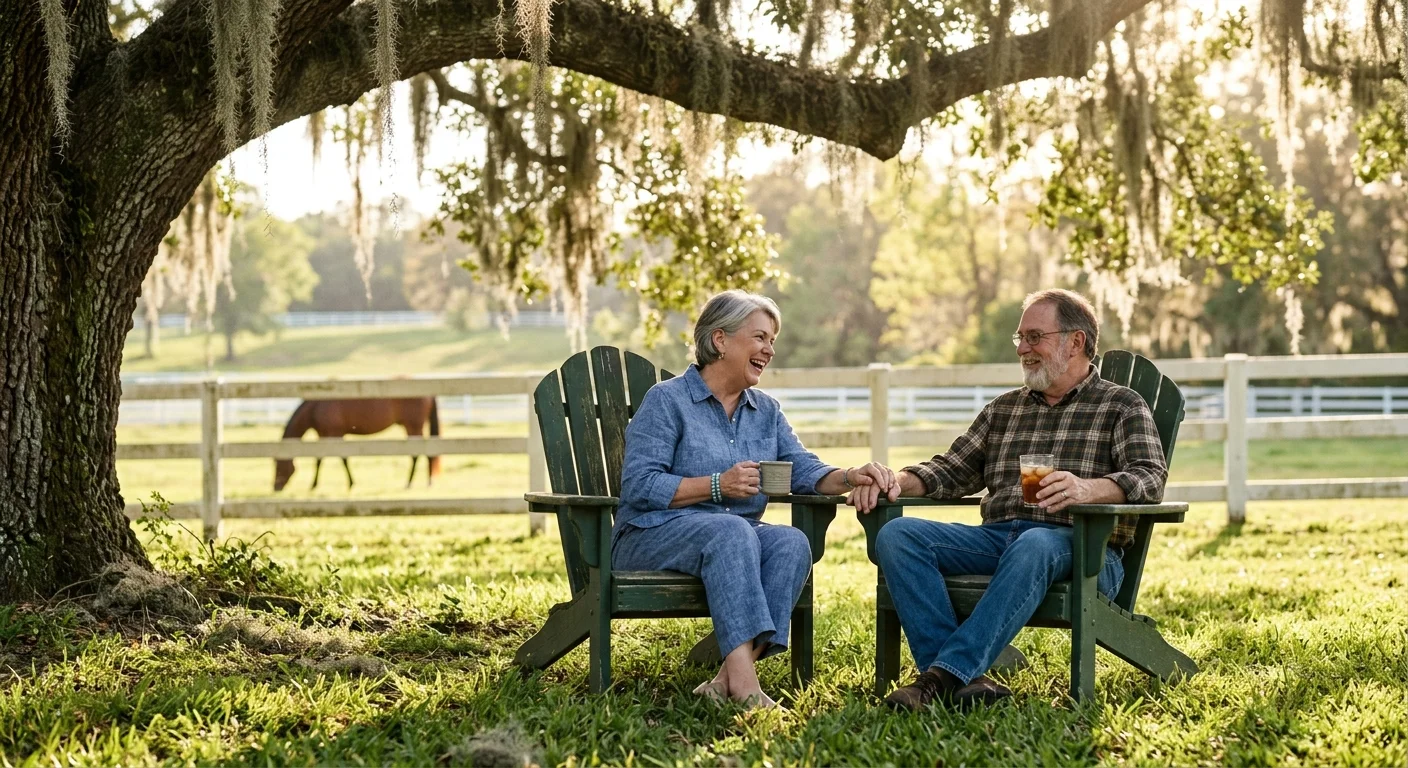 A retired couple relaxing in Adirondack chairs under a live oak tree with Spanish moss in Ocala, Florida.