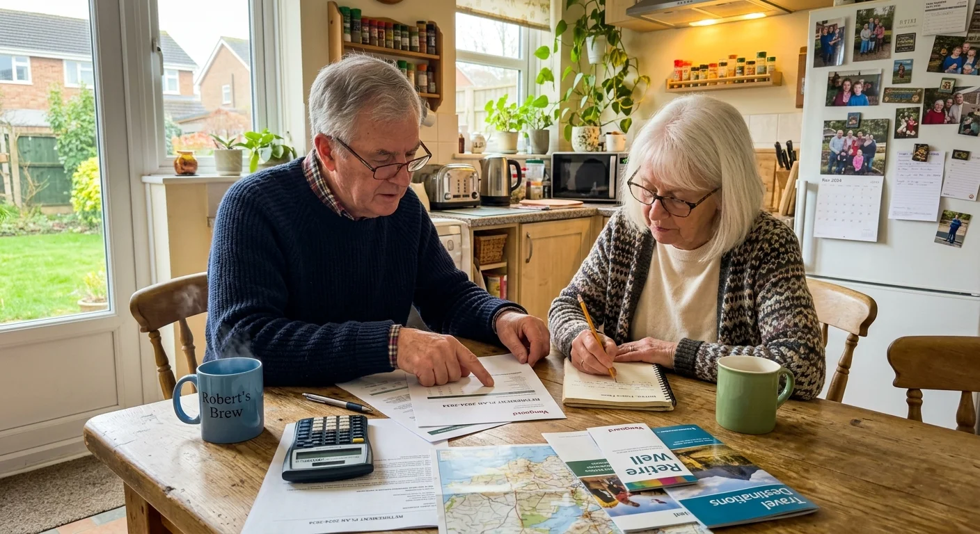 A retired couple reviews financial documents and takes notes at their sunlit wooden kitchen table with mugs of tea.