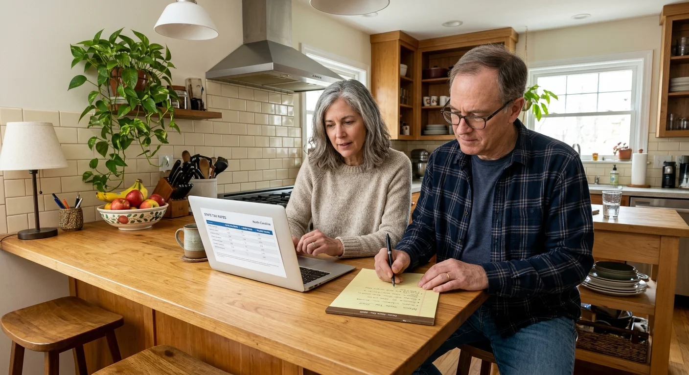 A retired couple reviews state-by-state tax guidelines on a laptop at their kitchen counter.