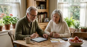 A retired couple reviews their budget and coupons at a sunny wooden table, planning their grocery shopping to save money.