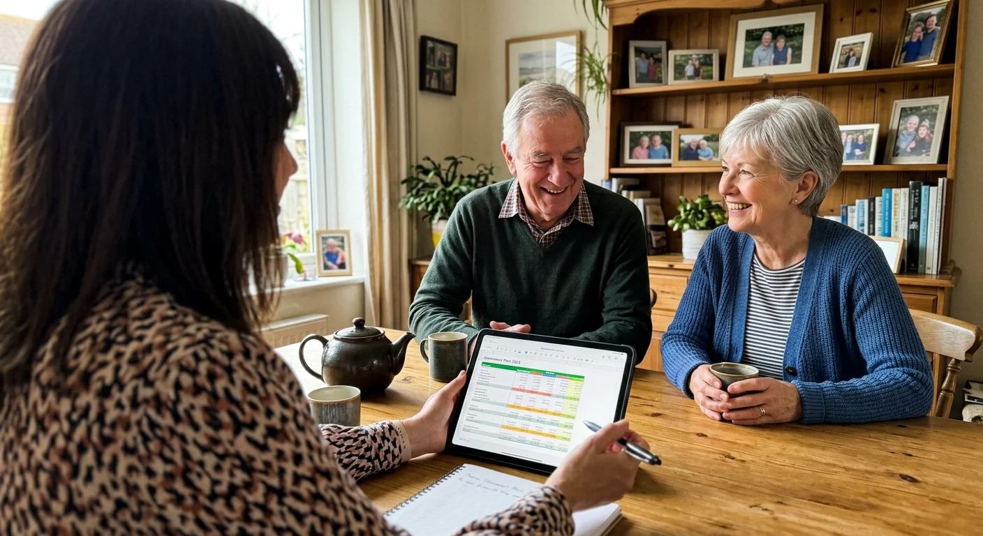A retired couple smiling and reviewing financial plans with an advisor at their dining table in a cozy, sunlit home.