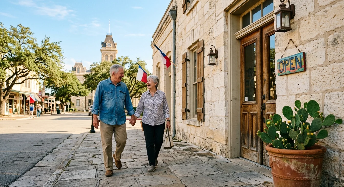 A retired couple walking past a historic limestone building in a sunny Texas Hill Country town square.