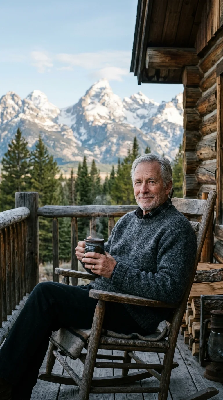 A retired man drinking coffee on a cabin porch with snow-capped Wyoming mountains in the background.
