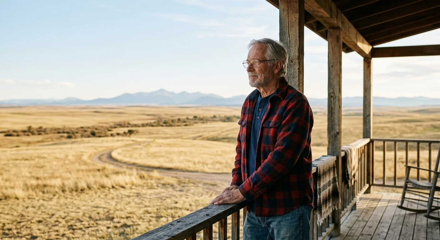 A retired man in a flannel shirt stands on a rustic wooden porch, looking out over a vast, golden Wyoming prairie at sunset.