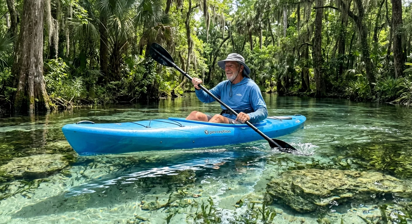 A retired man paddles a blue kayak on a crystal-clear, tree-lined river in Homosassa Springs, Florida.