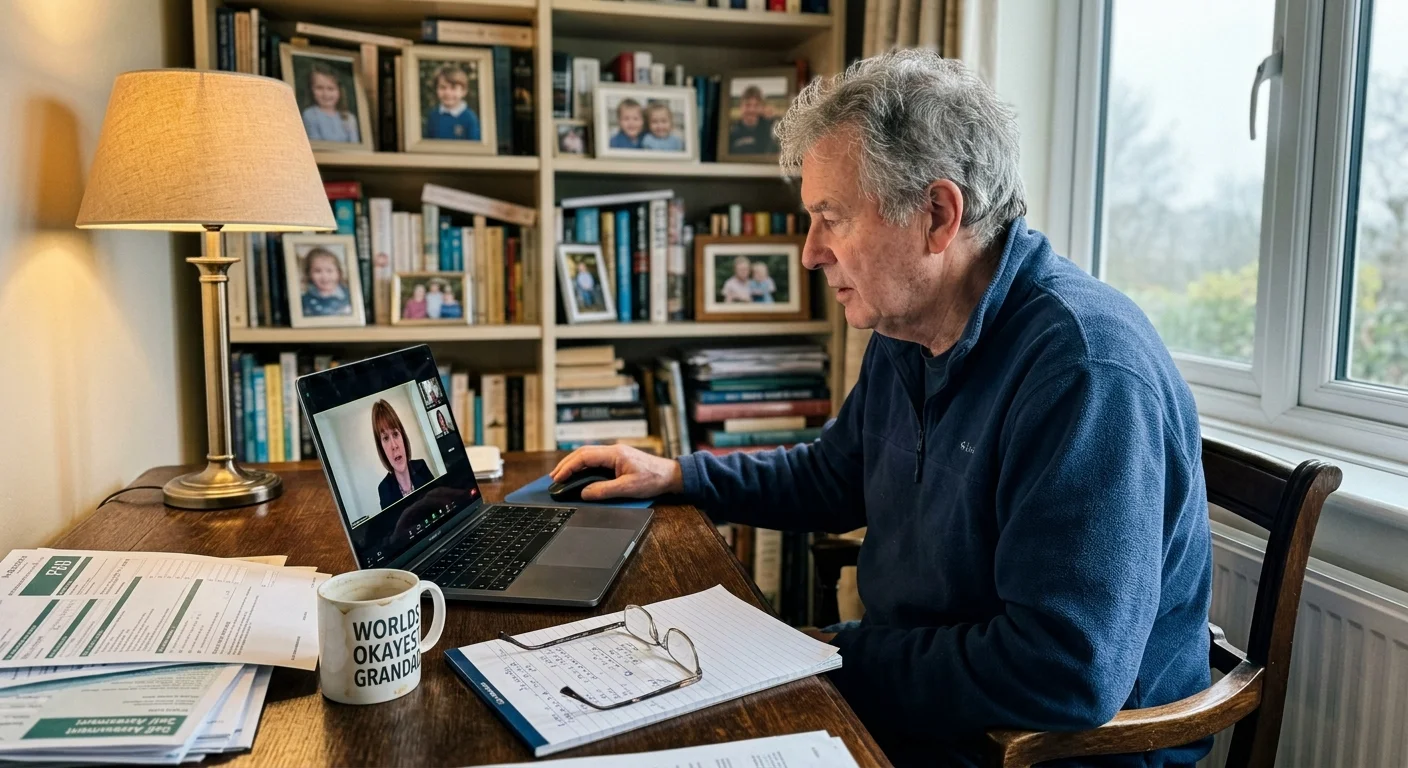 A retired man sits in his cozy home office during a video consultation with a professional financial advisor on his laptop.