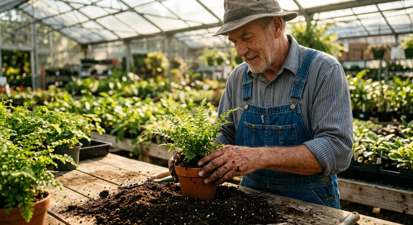 A retired man working a part-time job in a sunny plant nursery, carefully repotting a fern on a rustic wooden workbench.