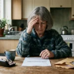A retired woman at her kitchen table looking concerned while reading a $14,000 Social Security overpayment notice letter.