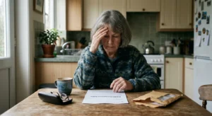 A retired woman at her kitchen table looking concerned while reading a $14,000 Social Security overpayment notice letter.