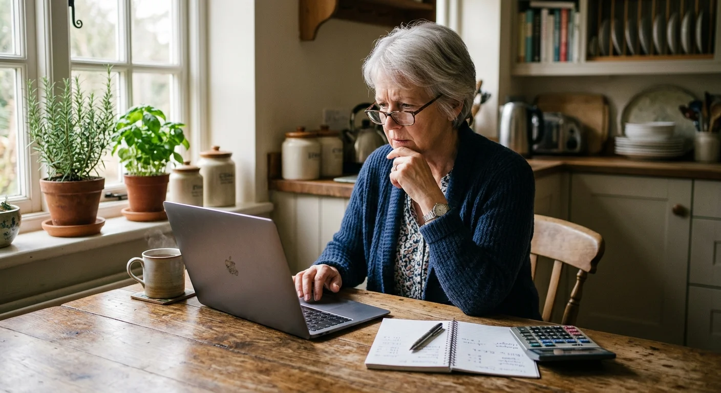 A retired woman looking thoughtfully at financial documents on her laptop at her kitchen table in warm morning light.