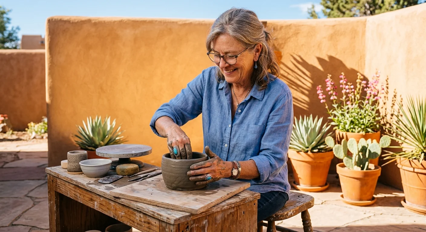 A retired woman shapes a clay pot on a sun-drenched adobe patio surrounded by desert plants in New Mexico.