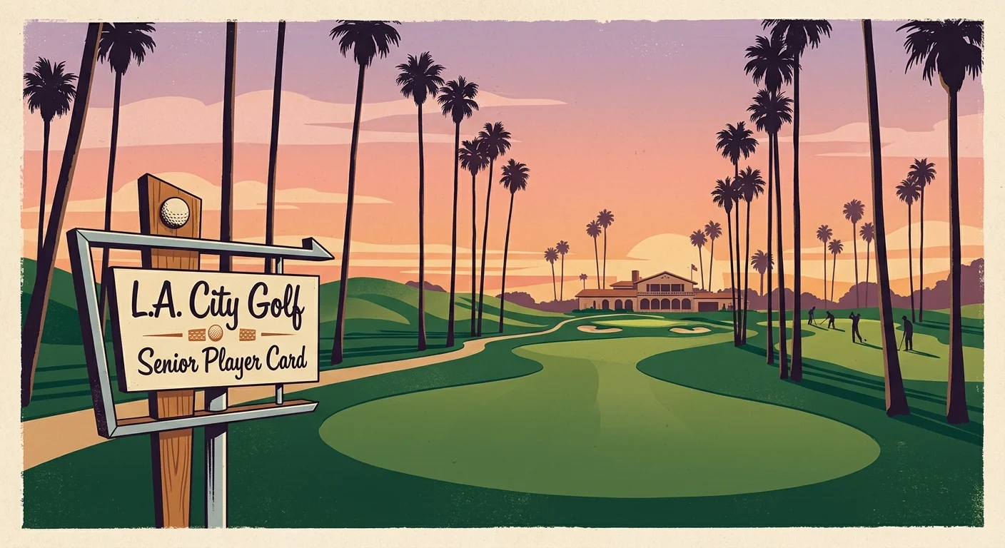 A retro screenprint illustration of palm trees and a golf course at sunset with a sign reading L.A. City Golf.