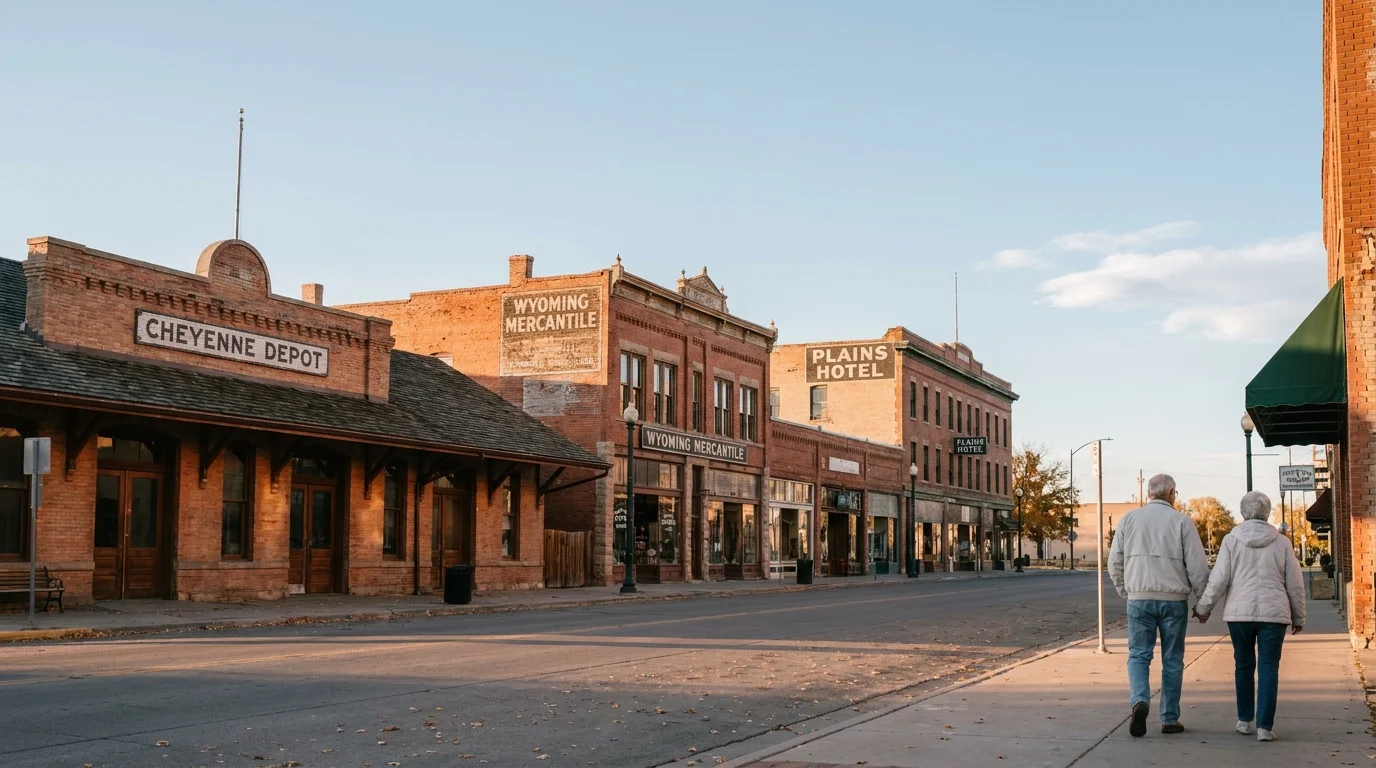 A scenic view of historic downtown Cheyenne, Wyoming, at golden hour with an older couple walking on the sidewalk.