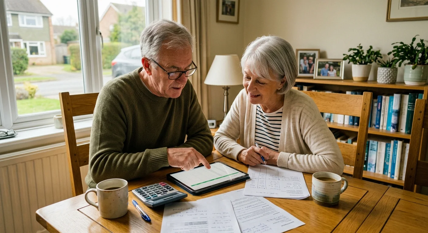 A senior couple in casual clothes looking over spreadsheets and paperwork at their dining table.