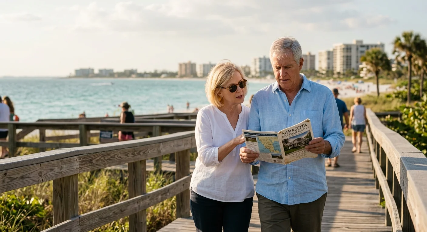 A senior couple walks along a Florida boardwalk, looking thoughtfully at a real estate listings booklet together.