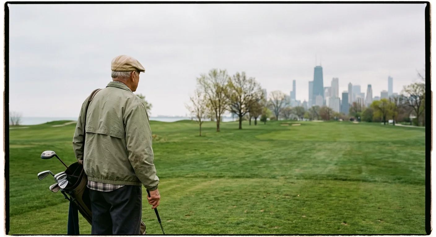 A senior golfer looking out over a green fairway toward the distant Chicago skyline on a cool, overcast morning.