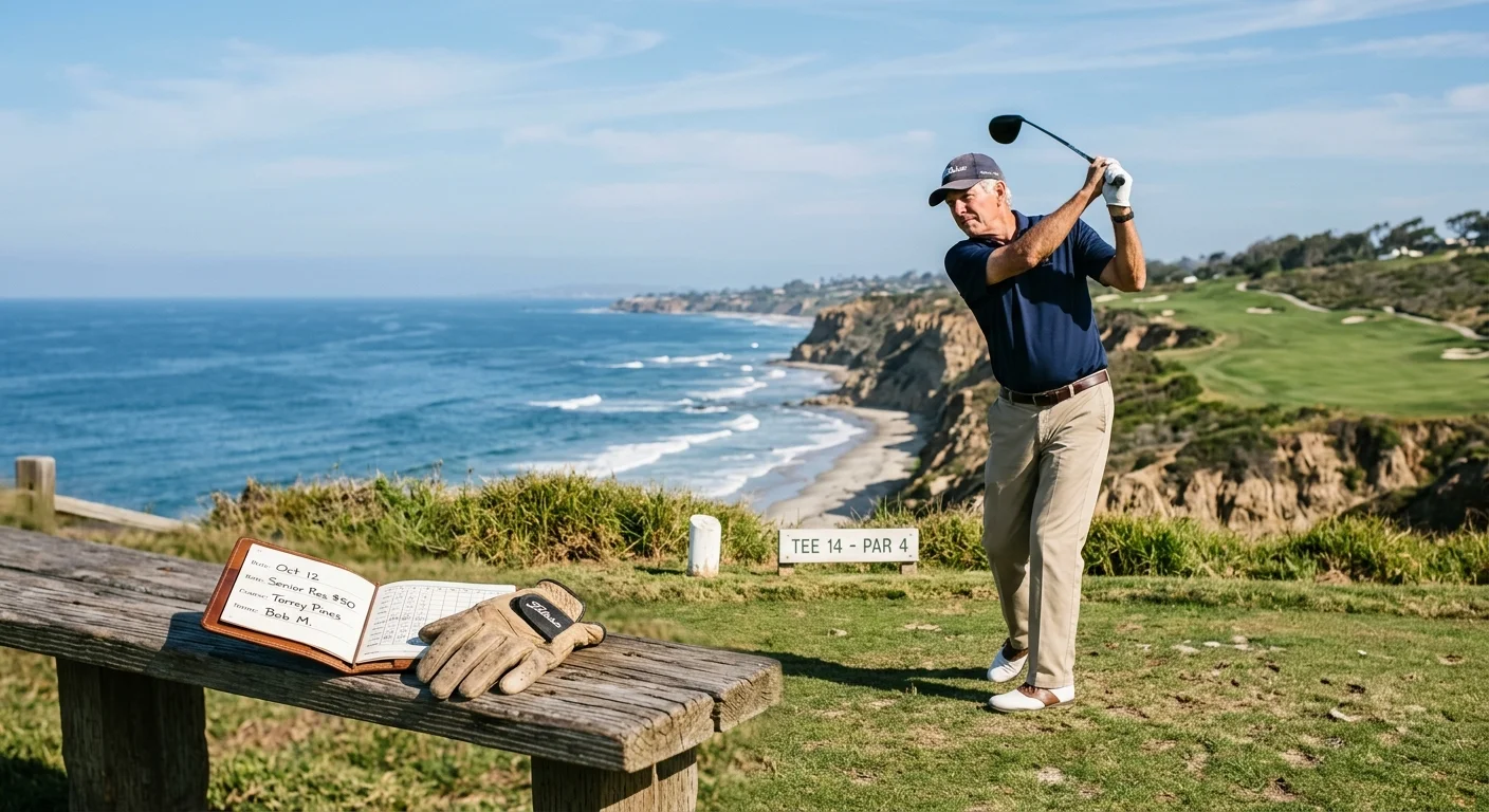 A senior golfer teeing off on a coastal San Diego course overlooking the Pacific Ocean.