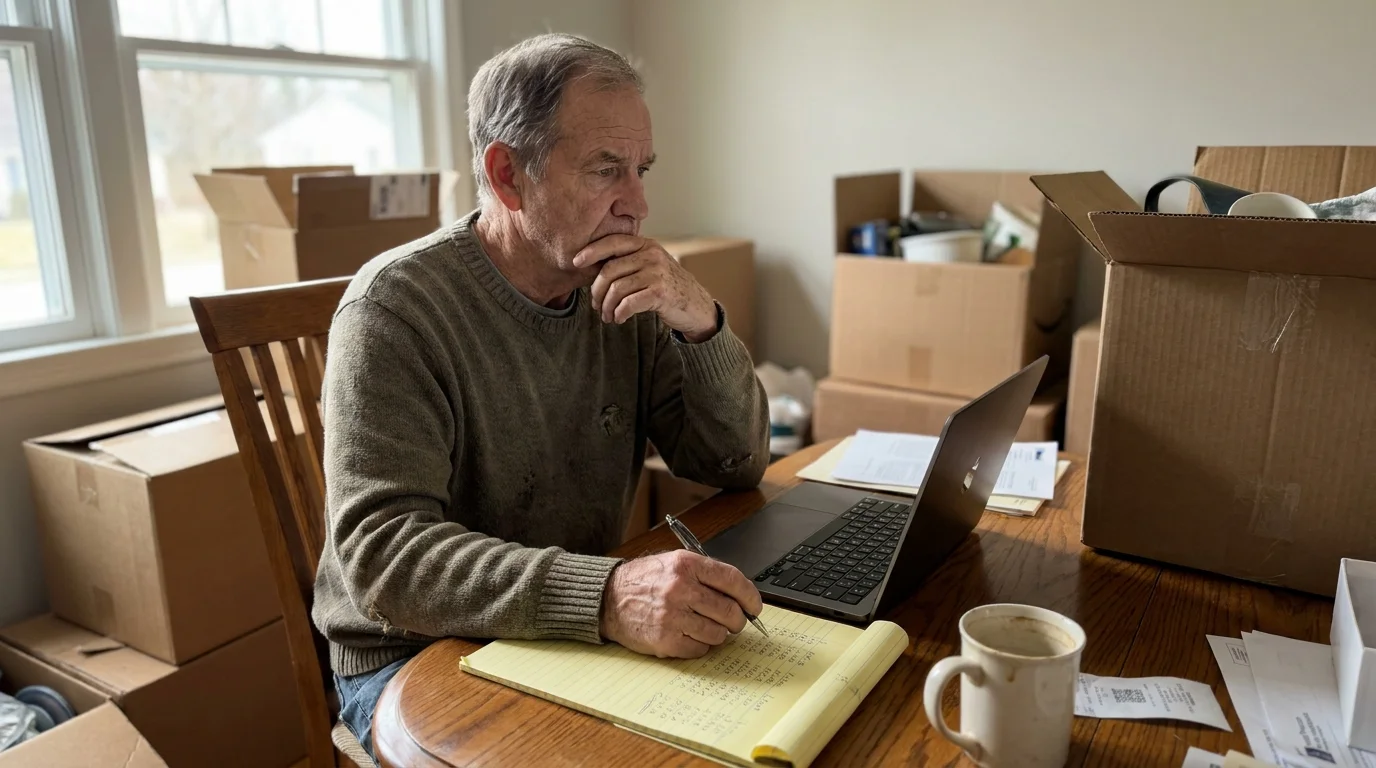 A senior man looking thoughtfully at a laptop next to moving boxes, representing the realization of hidden moving costs.