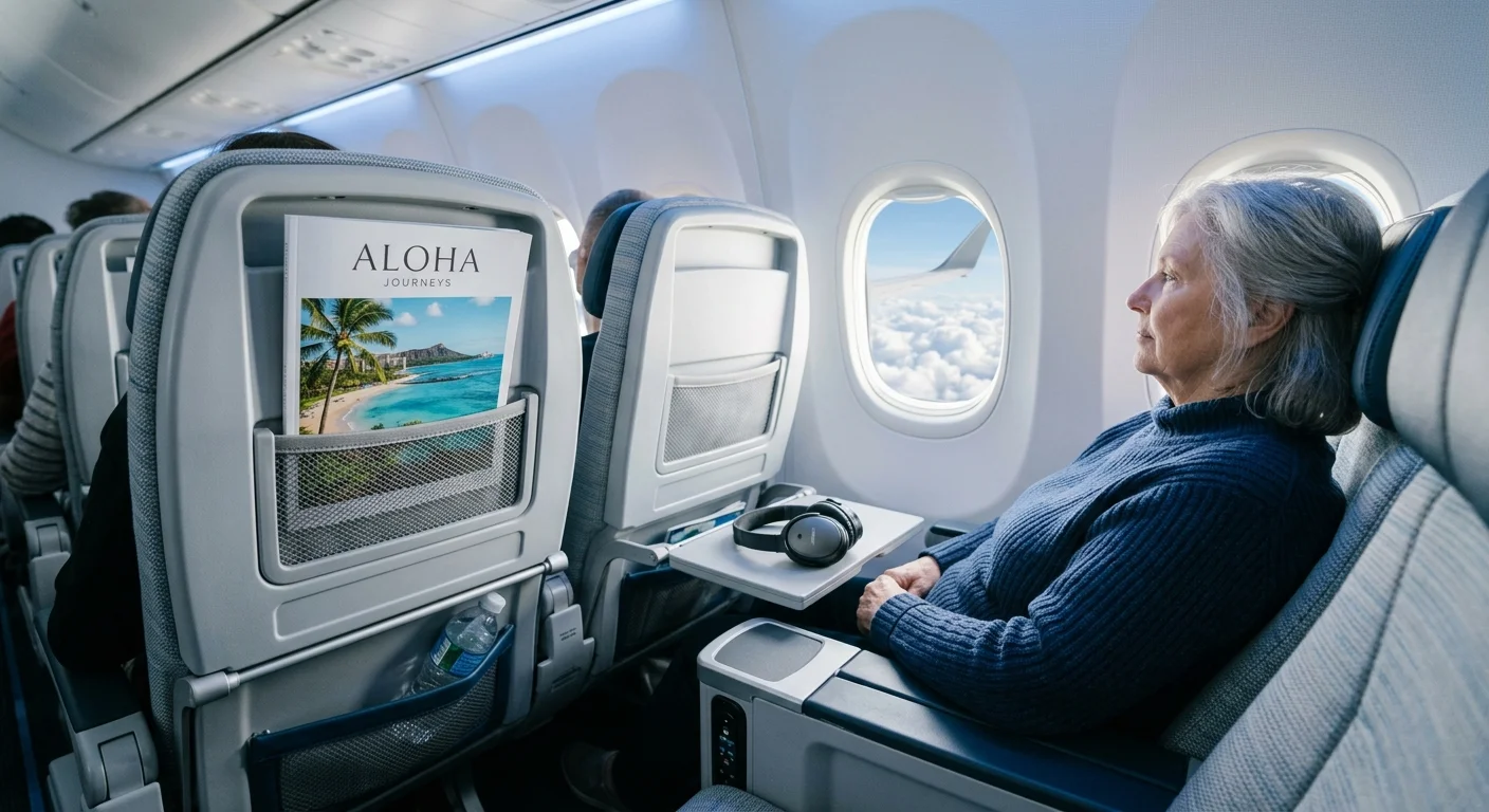 A senior traveler relaxes in a clean, spacious airplane seat looking out the window at a bright blue sky.