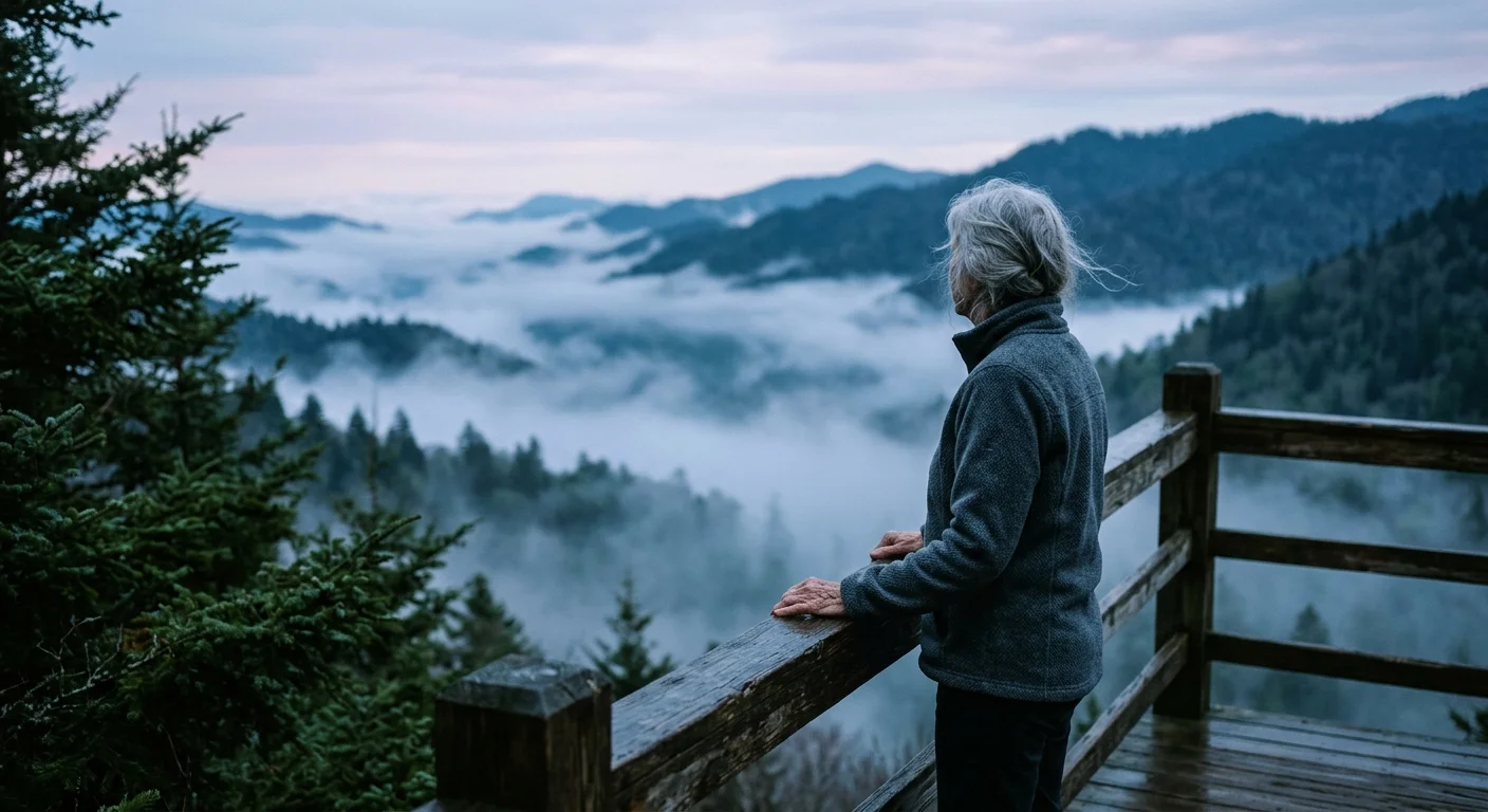 A senior woman looking out over the misty, blue-toned Great Smoky Mountains from a wooden overlook.