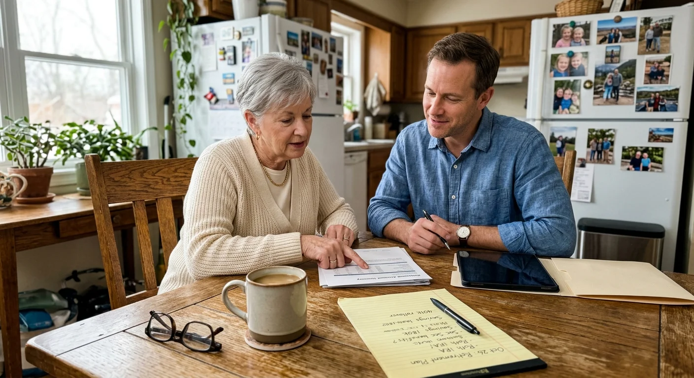 A senior woman sits at her wooden dining table, consulting casually with a friendly financial advisor over a cup of coffee.