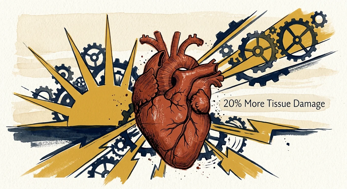 A stylized gouache illustration of a heart silhouette under stress during a vibrant sunrise, symbolizing metabolic demand.