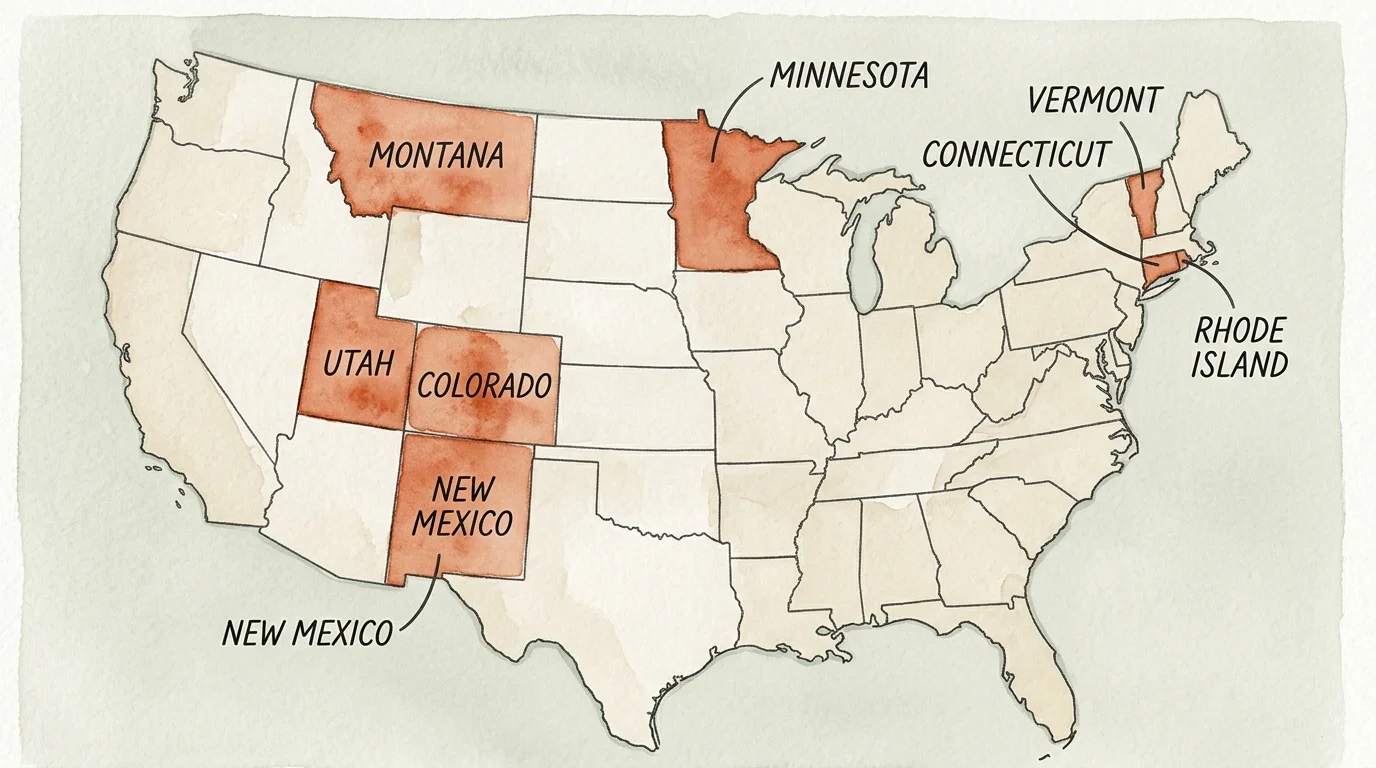 A stylized watercolor map of the United States highlighting the eight states that still tax Social Security benefits in 2026.