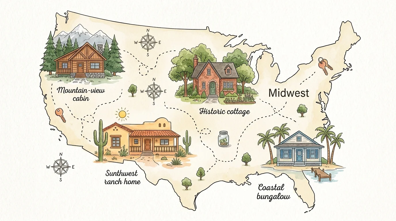 A stylized watercolor map of the US showcasing diverse, budget-friendly home styles in different affordable regions.