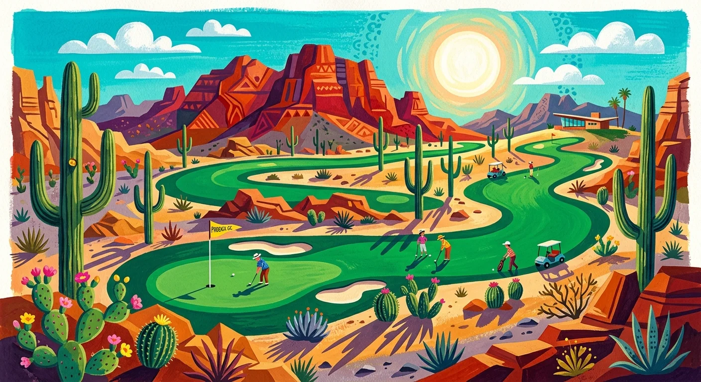 A vibrant gouache painting of a green golf course winding through a Phoenix desert landscape with saguaro cacti and red rocks.