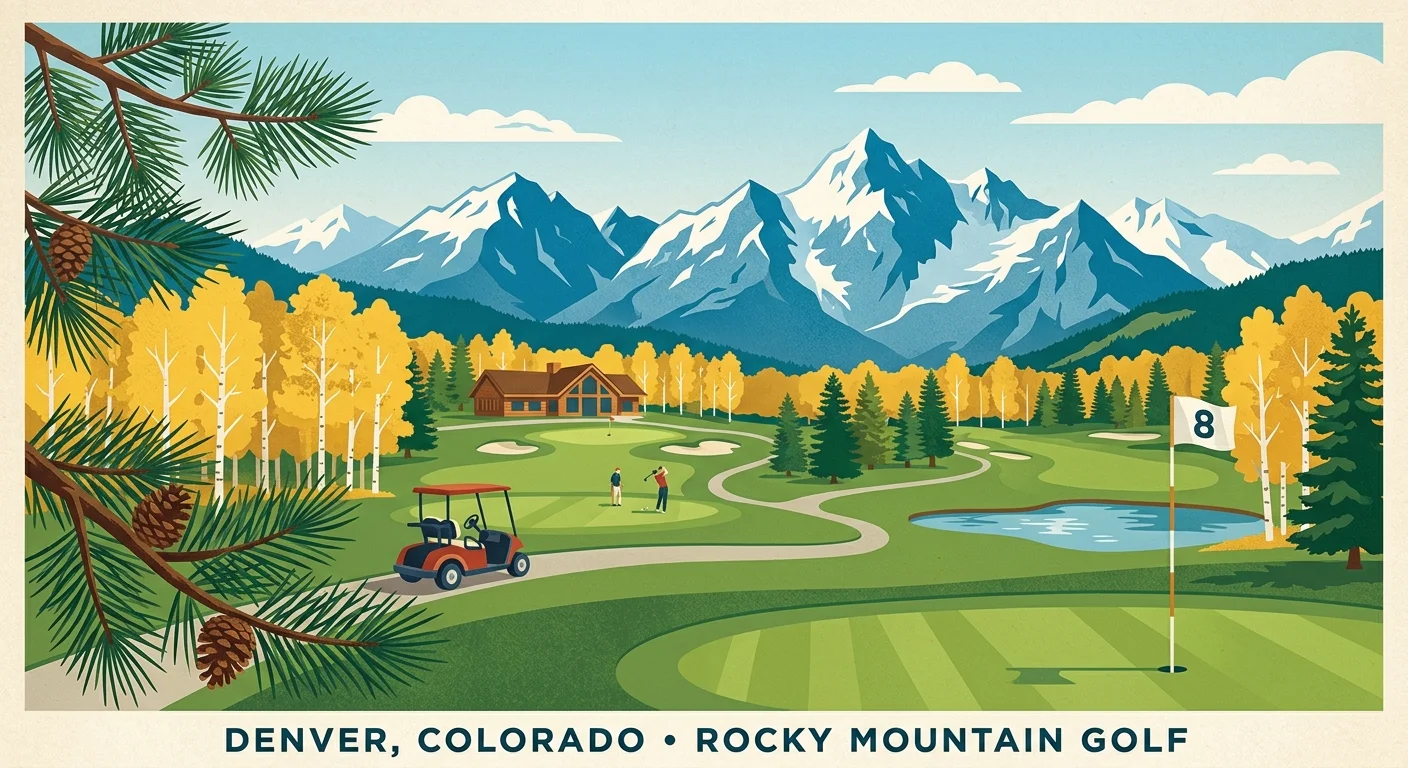 A vintage-style vector illustration of a Denver golf course with snow-capped Rocky Mountains in the background.