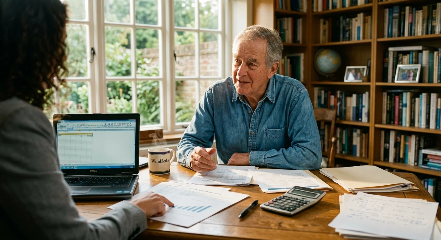 A warm film photo of an older man reviewing tax papers with a financial planner in a sunlit home study.