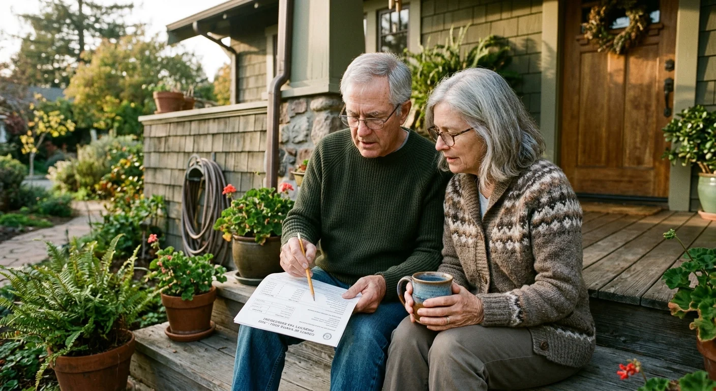 A warm film photograph of an older couple reviewing a property tax document on their cozy craftsman porch during golden hour.